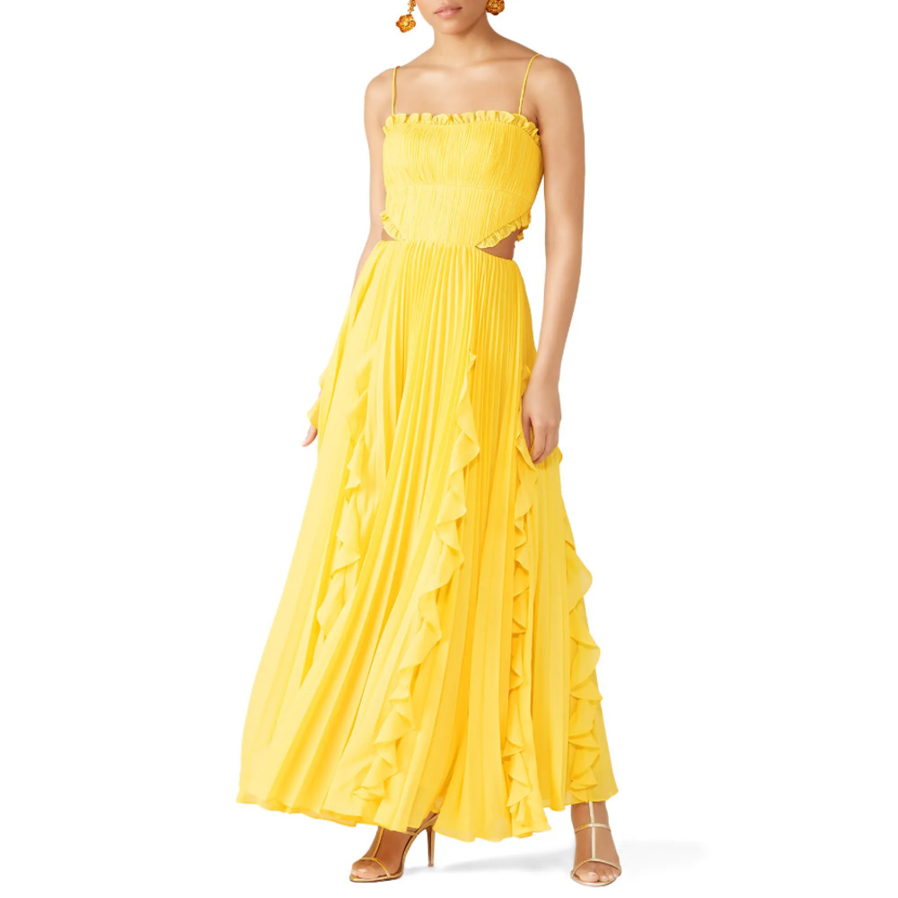 AMUR Reyna Pleated Ruffle Cut Out Chiffon Maxi Dress Yellow Women's Size…